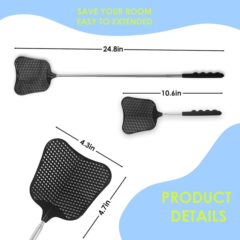 Wapodeai 2 Pack Fly Swatters Heavy Duty Set, Telescopic Fly Swatter, Stainless Steel Handle for Flyswatter (Black) - Image 2